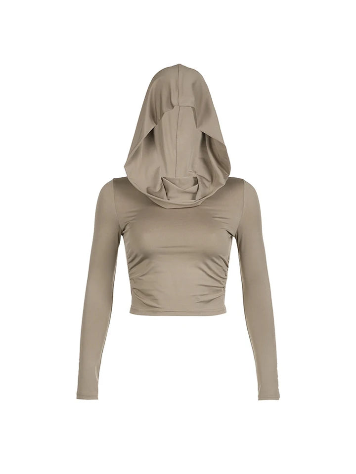 Women's Hooded Crop Tops Autumn Solid Color Long Sleeve Cowl Neck Slim Fit Short T-Shirt Streetwear Sporty Basics Tees