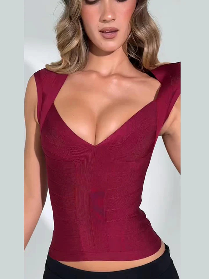 Women's Tops Bandage Deep V Waist Cinching Bodycon Pullover Vest Sporty Female Sleeveless Strench Slim Partywear New Ladies Top