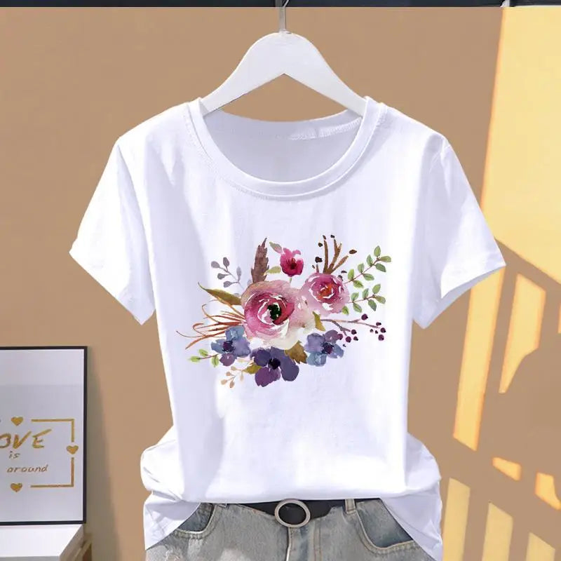 Classic best-selling pink trapezoid pattern printed women's round-neck short-sleeved T-shirt, fashionable sporty Summer Modal
