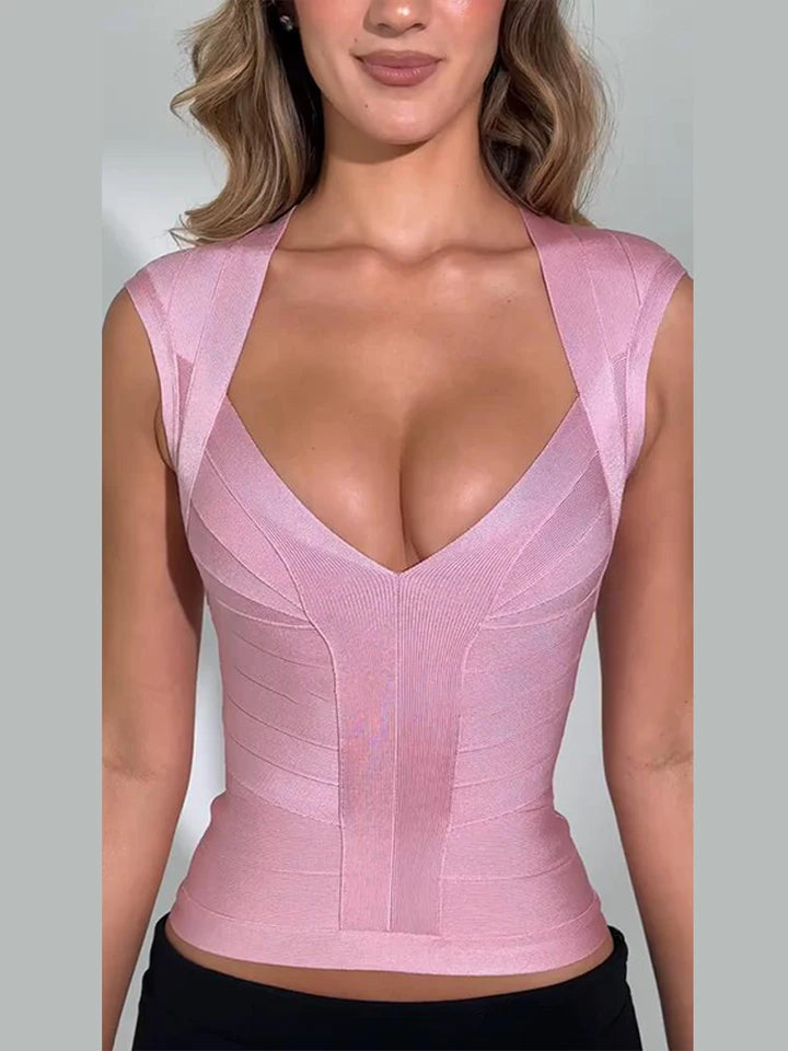 Women's Tops Bandage Deep V Waist Cinching Bodycon Pullover Vest Sporty Female Sleeveless Strench Slim Partywear New Ladies Top
