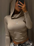 Women's Hooded Crop Tops Autumn Solid Color Long Sleeve Cowl Neck Slim Fit Short T-Shirt Streetwear Sporty Basics Tees