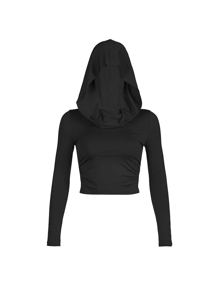 Women's Hooded Crop Tops Autumn Solid Color Long Sleeve Cowl Neck Slim Fit Short T-Shirt Streetwear Sporty Basics Tees